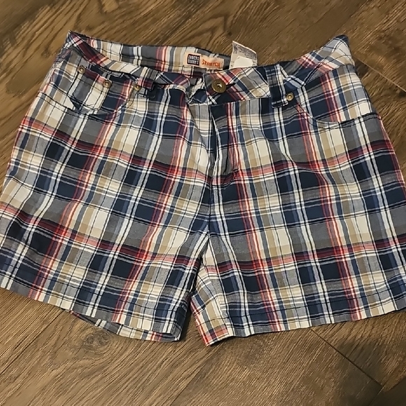VINTAGE Faded Glory Red Blue Plaid Women's Shorts size 6 Stretch Bermudas - Picture 1 of 6